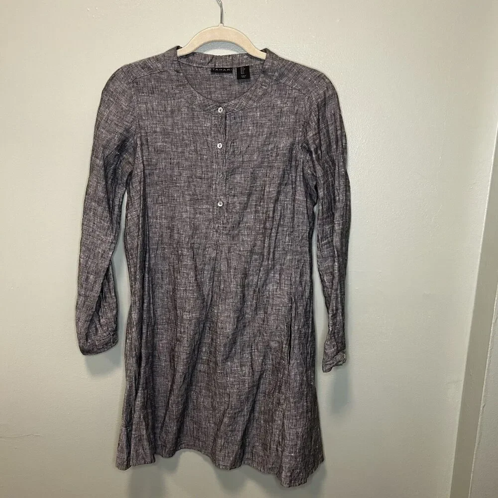 Tahari Women S Shirt Dress Black White Linen Long Sleeve Split Neck  Lightweight